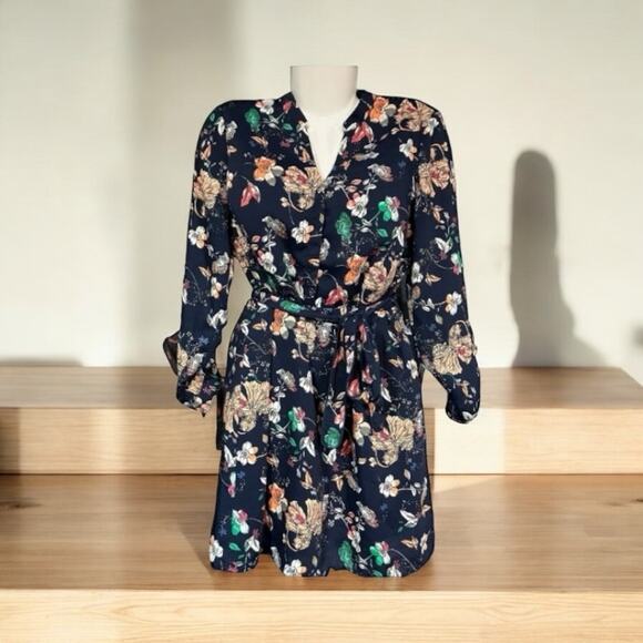 VERO MODA 4-Button Front Tie Waist Navy Floral Roll Sleeve Lined Dress | Size M - Picture 1 of 11